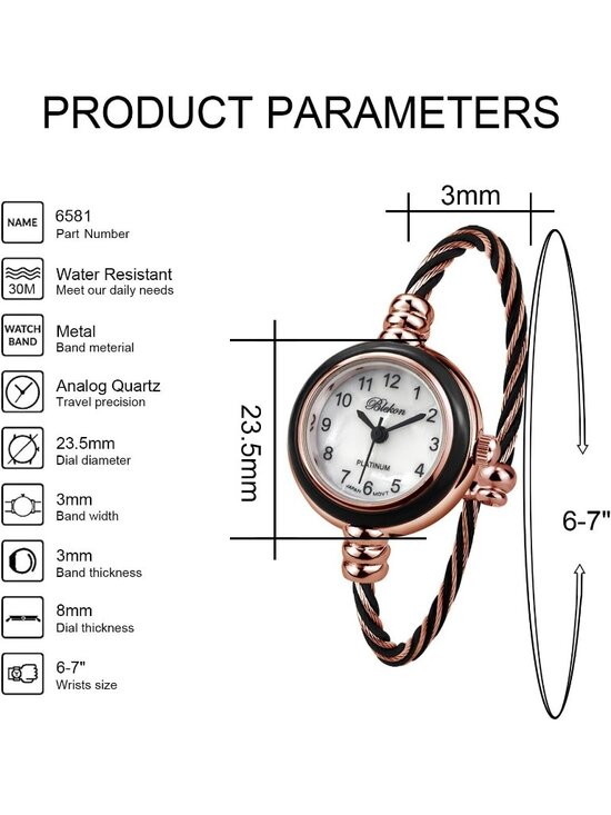 Women\'s Rose Gold Black Analog Elegant Cable Cuff Arabic Numbers Bracelet Watch main image 5